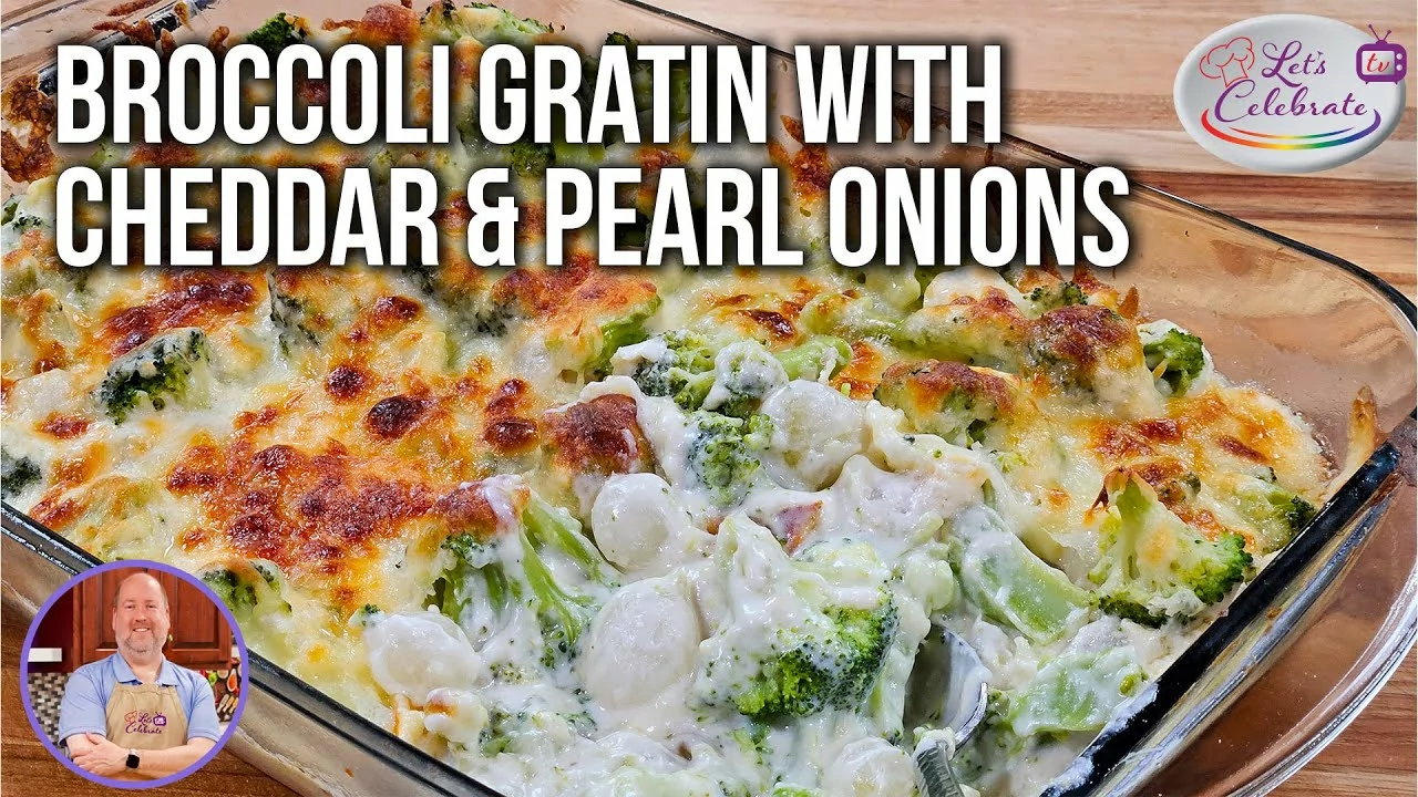 Creamy Broccoli Gratin with Cheddar & Pearl Onions